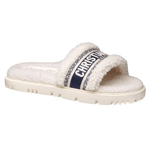 Christian Dior Dway Blue White Shearling Fur Logo Chunky Slide Flat Sandal 41